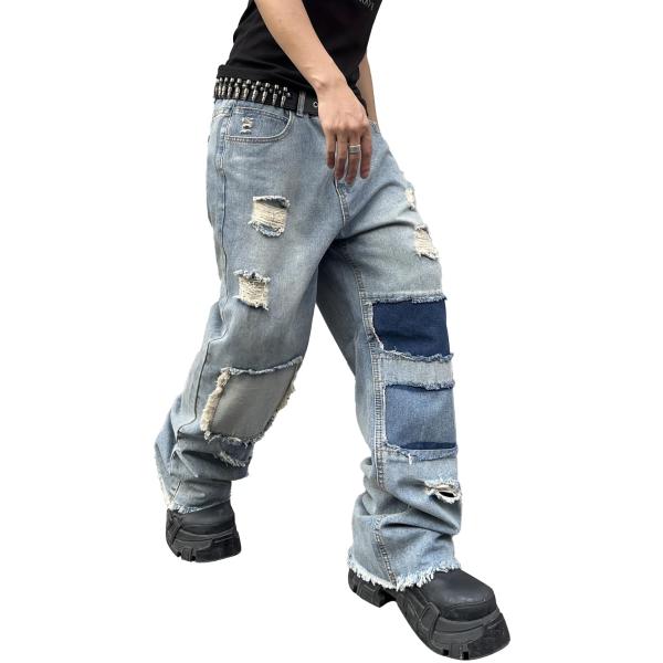【並行輸入品】DFGIGT Mens Frayed Hem Patched Ripped Baggy...