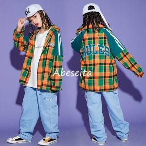 ヒップホップ キッズダンス衣装 韓国子供服 かっこいい ステージ衣装 シャツ 練習着 男の子 女の子 Tシャツ 上下セット チェック柄 デニムパンツ