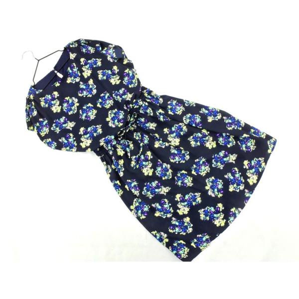 Rope Picnic ロペピクニック 花柄 ギャザー Aライン ワンピース size38/紺 ■◆...