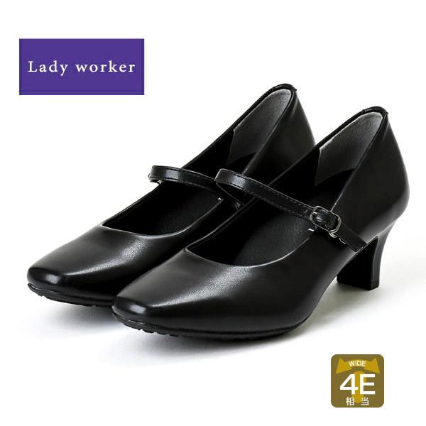 レディワーカー Lady worker レディース ストラップパンプス ローヒール 黒 歩きやすい ...