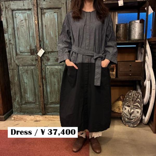 homspun 　ホームスパン　ライトオンスシャンブレー比翼配色7分袖ワンピース　ネイビー×ブラック...