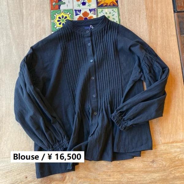 ICHI　イチ　コットンリネンピンタックブラウス　ブラック　綿　麻　レディース　シャツ　バンドカラー...