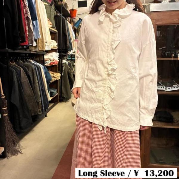 ICHI　イチ　ピーチワッシャーフリルシャツ　ホワイト　ナチュラル　綿　ブラウス　レディース　シャツ...