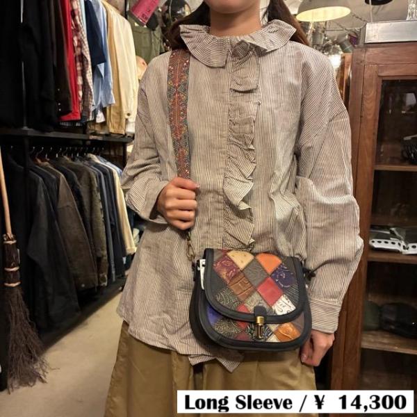 ICHI　イチ　インディゴセルビッチストライプフリルシャツ　ナチュラル　綿　ブラウス　レディース　シ...