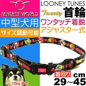 トゥイーティー 中型犬用 首輪 黒 幅15mm 首回り29〜45cm ペット用品 キャラクターグッズ 首輪 ワンタッチ着脱の首輪 Fa340