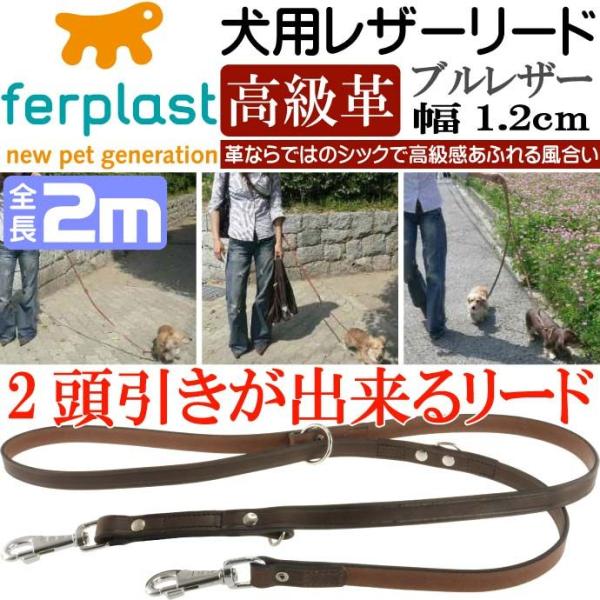 犬用本格ブルレザー2頭引きリードVIP 幅1.2cm長200cm 丈夫なペット用品リード お散歩にペ...