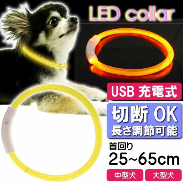USB充電式 LEDライト首輪 中型犬〜大型犬用光る首輪 黄 首回り65cm ペット用品 発光首輪 ...