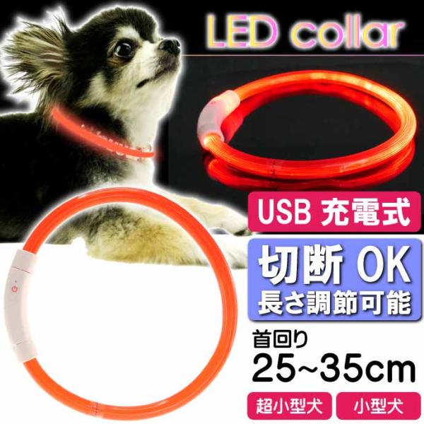 USB充電式 LEDライト首輪 超小型犬〜小型犬用光る首輪 赤 首回り35cm ペット用品 発光首輪...