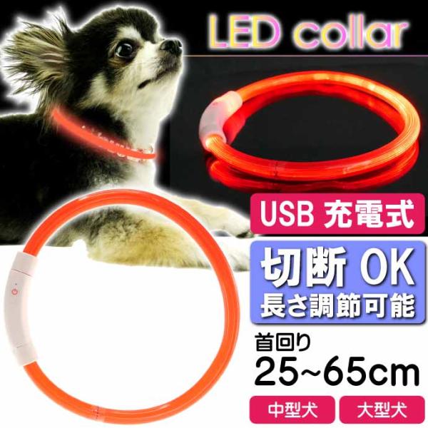 USB充電式 LEDライト首輪 中型犬〜大型犬用光る首輪 赤 首回り65cm ペット用品 発光首輪 ...
