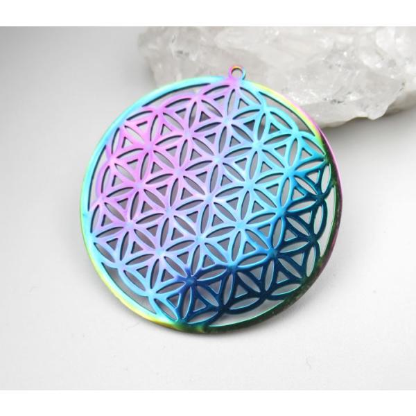 レインボーカラーフラワーオブライフ 35mmチャーム 1個 イオンプレーティング オルゴナイト封入用...