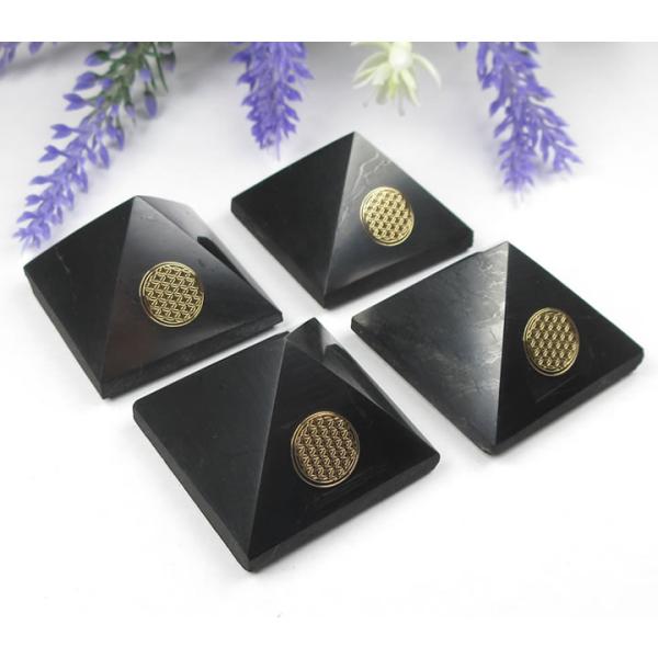 シュンガイト ピラミッド3cm 結界用4個セット フラワーオブライフ 神聖幾何学図形と立体パワーの融...