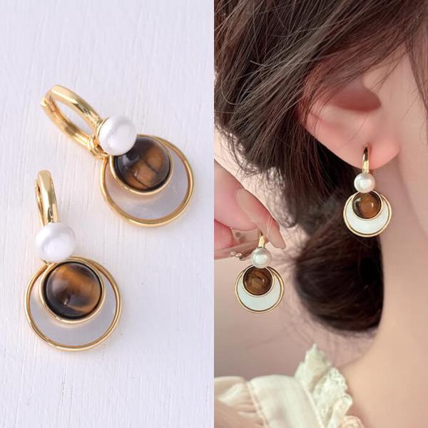 ヴィンテージデザイン ブラウン ピアス ゴールド ダブルサークル 韓国風