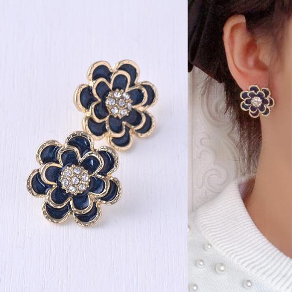ピアス フラワー ネイビー ゴールド カメリアデザイン 大きめ 大ぶり
