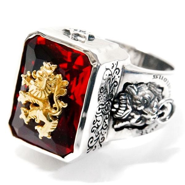 シルバー925 リング 大粒 CZ レッドジルコニア ガーネットカラー ライオン 獅子 ゴールドカラ...