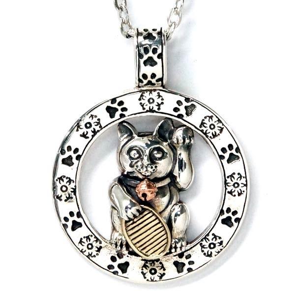 シルバー925 ペンダント ネックレス 和柄 和風 招き猫 ネコ 肉球 牡丹 花 フラワー 鈴 メン...