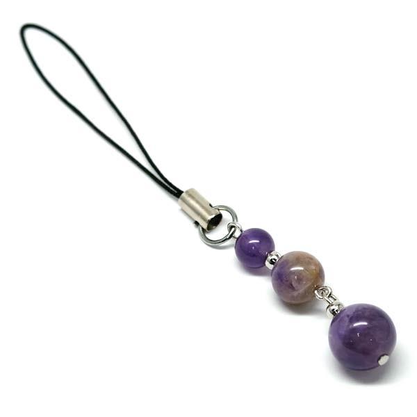 アメジスト 紫水晶 天然石 パワーストーン 3連 携帯 スマホ ストラップ