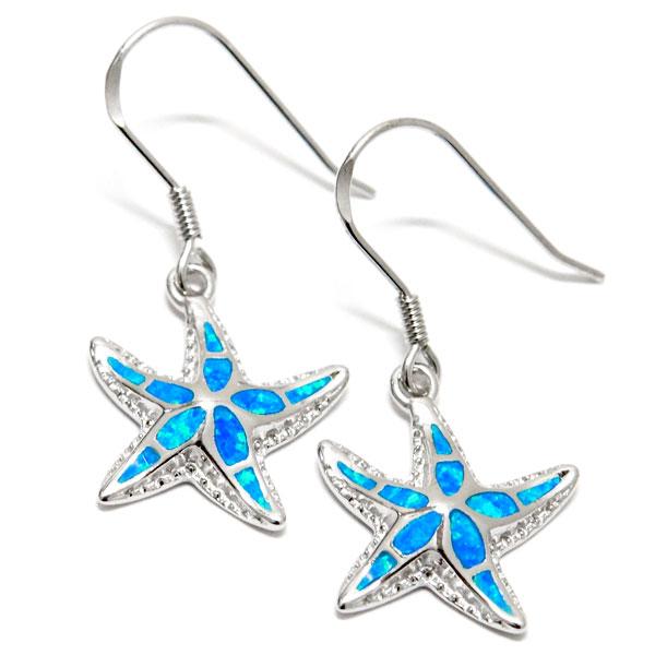 ハワイアンジュエリー フックピアス スターフィッシュ ヒトデ ブルーオパール 銀の玉飾り レディース...