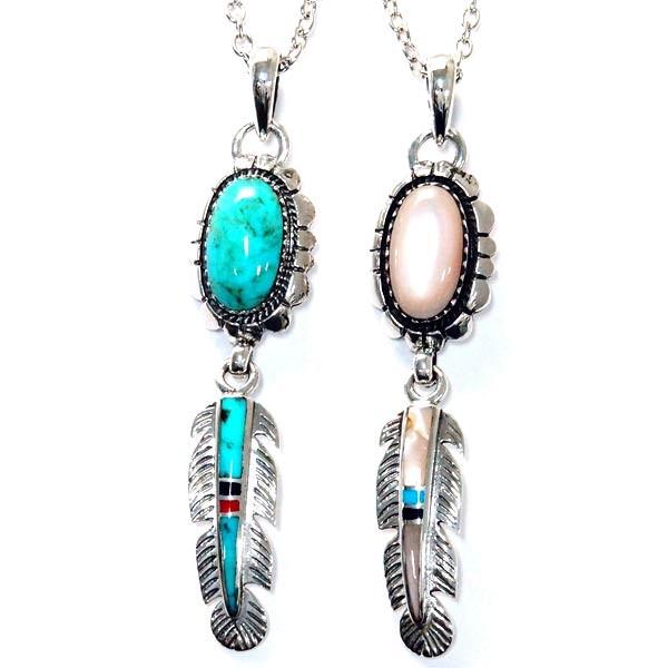 インディアンジュエリー ペンダント ネックレス 天然石 ターコイズ ピンクシェル フェザー 羽 メン...