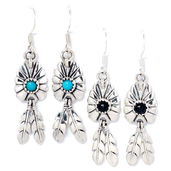 インディアンジュエリー フックピアス 天然石 ターコイズ ブラックスター サン 太陽 フラワー 花 ...