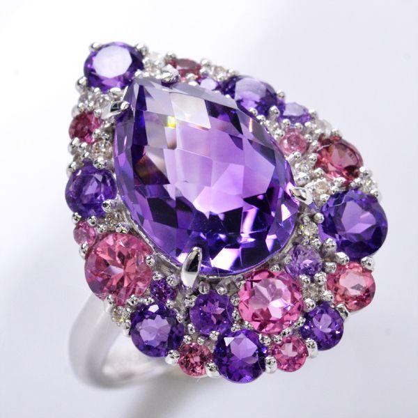 リング アメジスト ピンクトルマリン ダイヤモンド ペアシェイプ K18WG 指輪