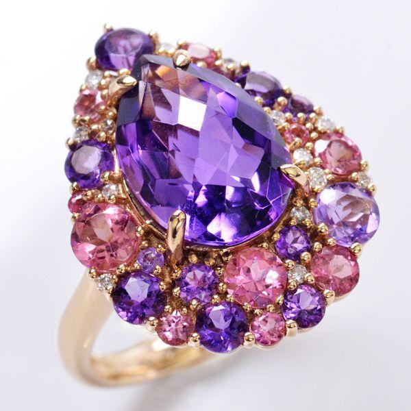 リング アメジスト ピンクトルマリン ダイヤモンド ペアシェイプ K18PG 指輪