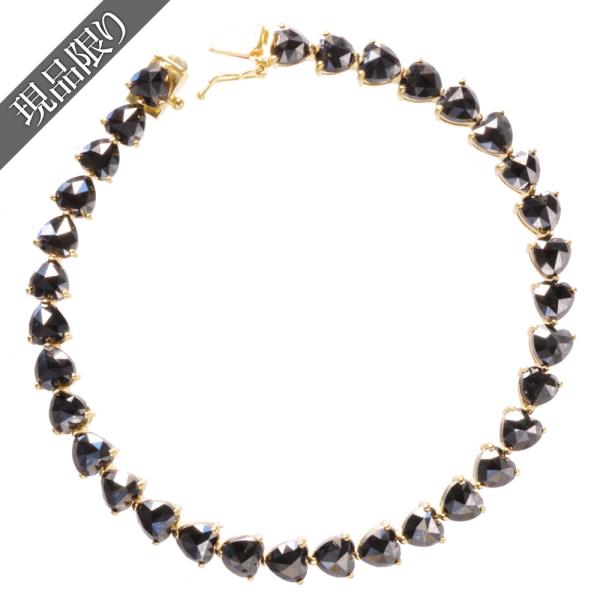 テニスブレスレット K18 18金 18k ハートシェイプ ブラックダイヤモンド 18cm イエロー...