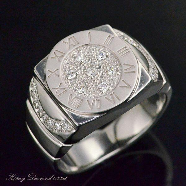 メンズリング 18金 指輪 メンズ K18 18k ホワイトゴールド ダイヤモンド 印台 幅広 男性...