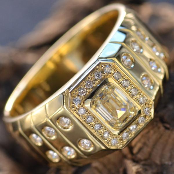 指輪 メンズリング 18金 K18 18k 印台 ゴールド ダイヤモンド エメラルドカット 幅広 中...