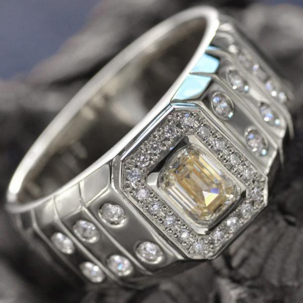 指輪 メンズリング プラチナ Pt900 印台 ダイヤモンド エメラルドカット 中央宝石研究所 一粒...