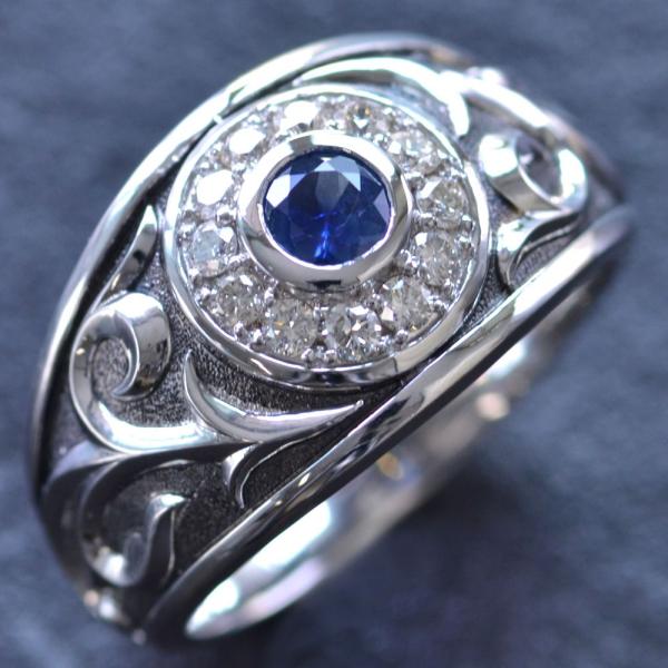 プラチナ リング メンズ 指輪 ダイヤモンド ブルーサファイア ブラックメッキ トライバル 幅広 P...