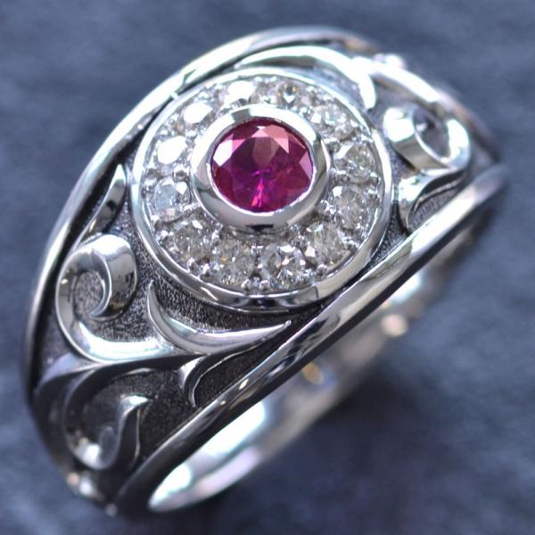 プラチナ リング メンズ 指輪 ダイヤモンド ルビー ブラックメッキ トライバル メンズリング 幅広...