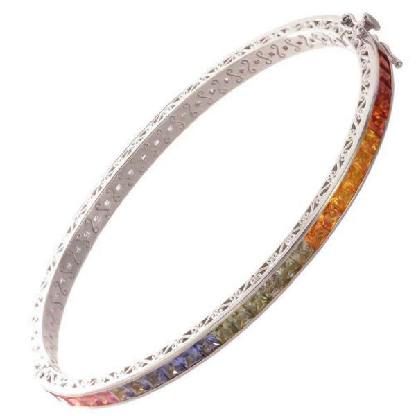 バングル レディース 18金 K18WG ホワイトゴールド マルチカラー プリンセスカット サファイ...