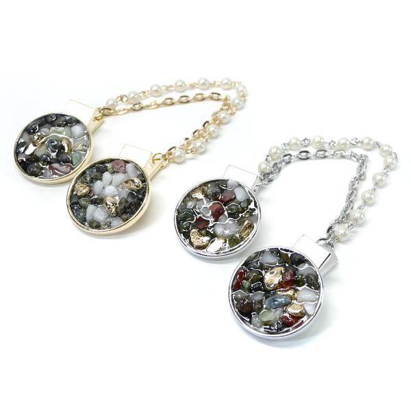 ストールクリップ カーディガンクリップ パール 天然石 メタルパーツ 石畳み風 パールチェーン繋ぎ ...