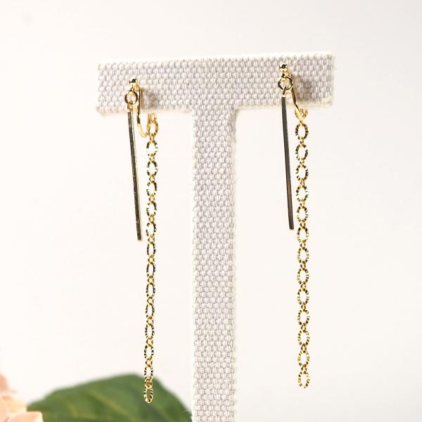 イヤリング ノンホールピアス 揺れる 前後 スティック スリム チェーン  クッション付き留め具 上...