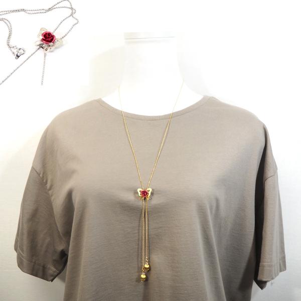 ネックレス ラリエット ロングネックレス Y字 バタフライ カラーローズ 蝶 バラ 薔薇 シェープ ...