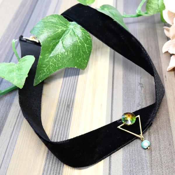 チョーカー ネックレス トライアングル カラーミラー チャーム ビロードリボンテープ