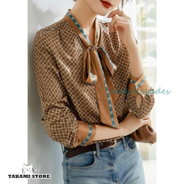 ボウタイブラウス トップス レディース 長袖 柄シャツ シャツブラウス ボウタイ ブラウス 総柄 き...
