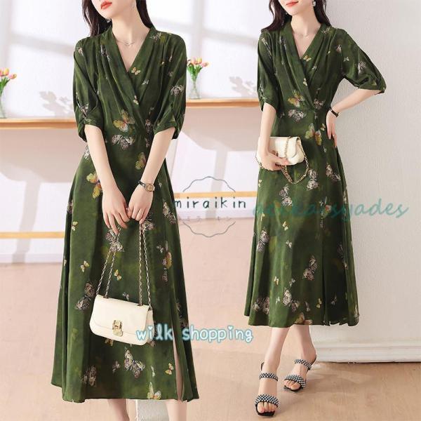 フォーマルワンピース40代 着痩せ 30代 緑ワンピース 蝶 大人 ビジネス vネック 五分袖 レデ...