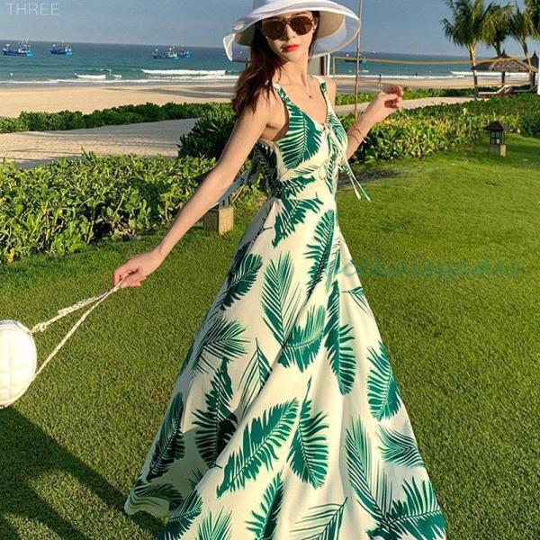 リゾートワンピース ロング マキシ丈 背中あき ノースリーブ aライン 肩だし 旅行 リゾート バカ...