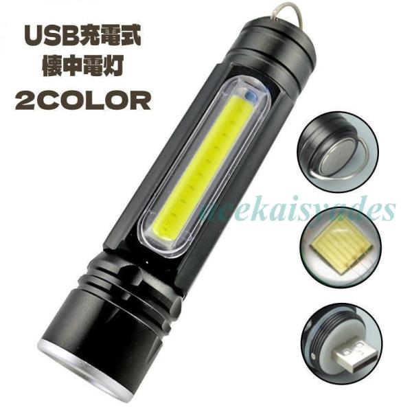懐中電灯 ライト LED 充電式 USB 充電 小型 コンパクト 持ち運び 携帯 防水 フック 黒 ...