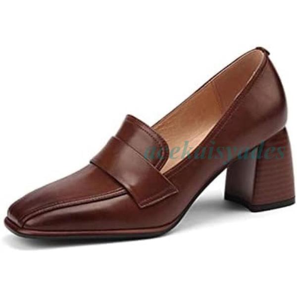 スクエアトゥ パンプス 6cmヒール 太ヒール ローファー 本革 上品 痛くない 走れる パンプス ...