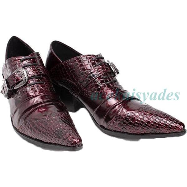 ビジネスシューズ ポインテッドトゥ革靴 エナメル シワ加工 クロコダイル ドレープ 黒 赤 ブラック...