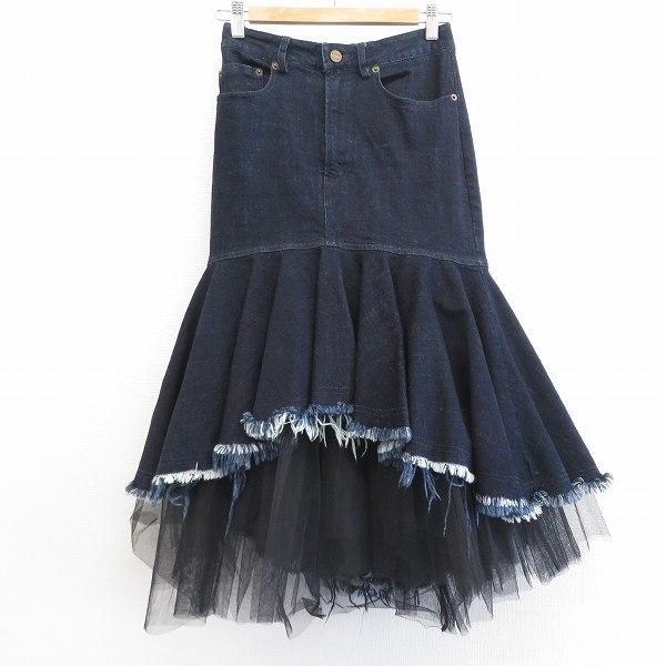 AMERI アメリ スカート デニム 変形スカート パニエ付き フリンジ ロゴボタン a938633