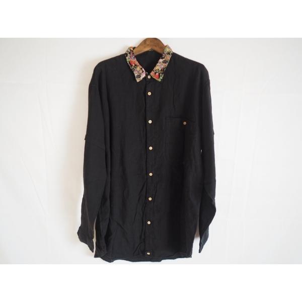 #apc パパス Papas 長袖シャツ M 黒 マルチ 麻 リネン ポケット ボタニカル 鳥 メン...