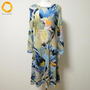 #apc レオナール LEONARD ワンピース 38 紺 青 黄色 フェザー柄 イタリア製 レディース [840490]