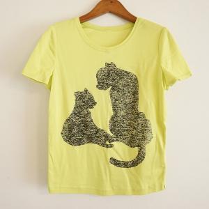 #snc イタリヤ 伊太利屋 Tシャツ・カットソー 9 黄色 半袖 猫柄 ラインストーン ロゴ レディース [855830]