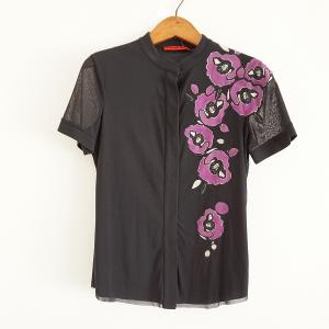 VIVIENNE TAM(ヴィヴィアンタム) 半袖Tシャツ サイズ0 XS レディース - 黒×白×マルチ フラワー(花)/刺繍 ヴィヴィアンタムVIVIENNE TAM フラワー刺繍VネックTシャツ 黒1 (K-118585)