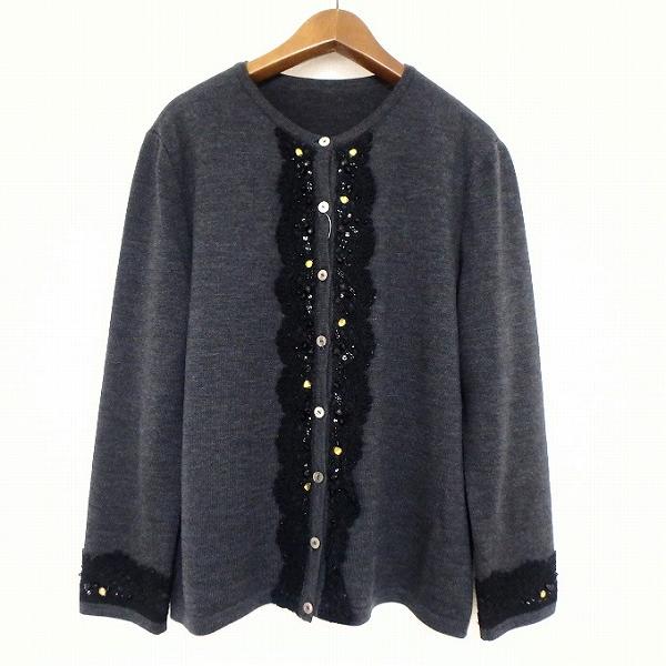#wnc レリアン Leilian カーディガン 9 ダークグレー 黒 ニット ビジュー レース レ...