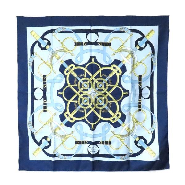 #apzs エルメス HERMES カレ90 Eperon d'Or 黄金の拍車 スカーフ 紺 水色...