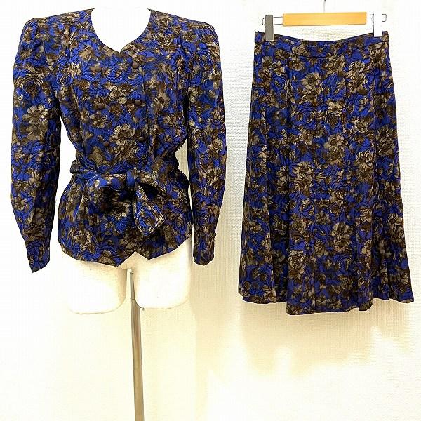 #asc レリアン Leilian セットアップ 9 青 茶 ツーピース 花柄 シルク混 ノーカラー...